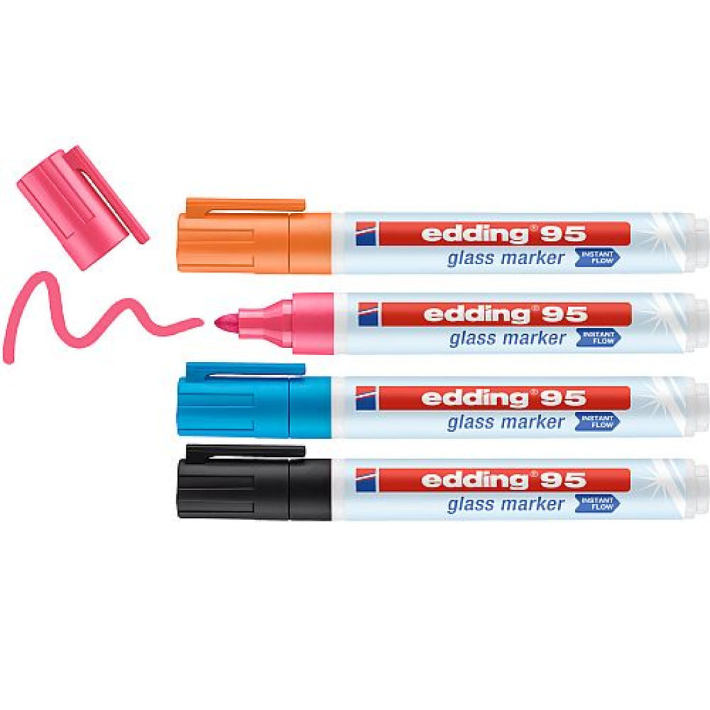 Black, blue, pink and orange glass marker pens 