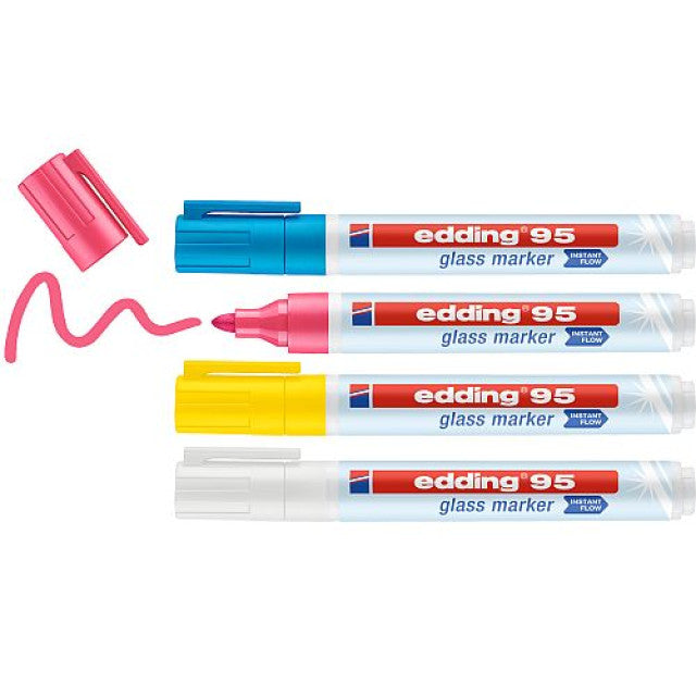 White, yellow, pink and blue glass marker pens